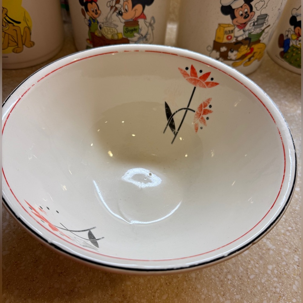 Vintage Harker Hotoven Ceramic Pottery Bowl White Dish Red Flower